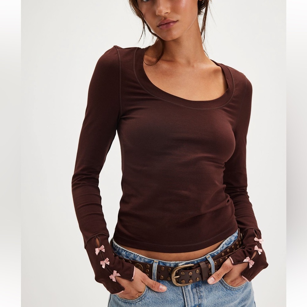 NWT Intimately Free People Espresso Brown Long Sleeve Top Bow Cuff (Size Small)